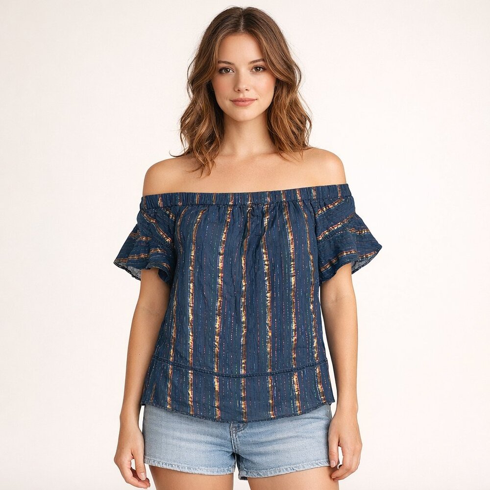 TRYB Anthro Metallic Stripe Peasant Top L Boho Bell Sleeve Lurex Blouse